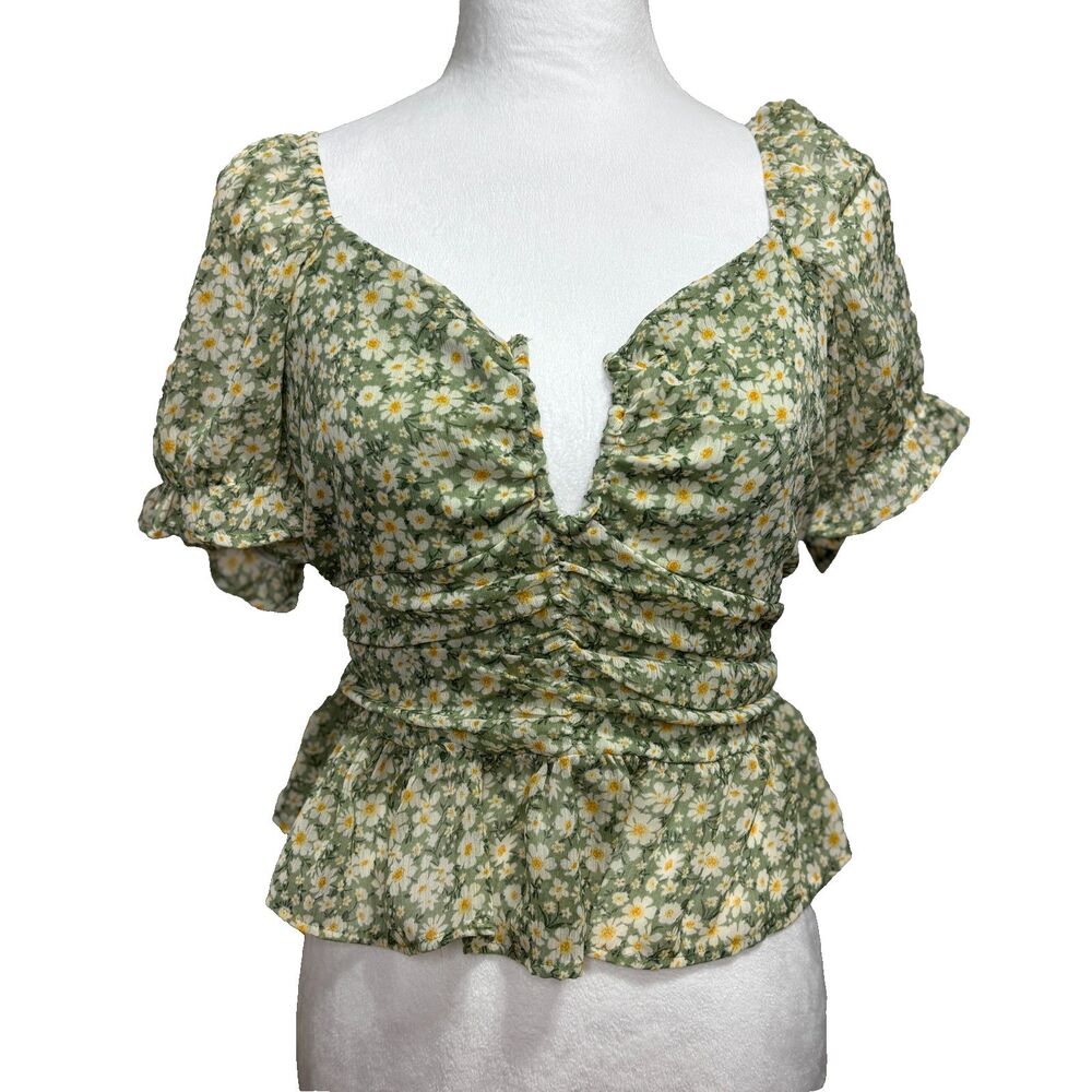 Mele E Pere Peplum Top Green Daisy Floral Smocked Puff Sleeve Cottage Prairie M